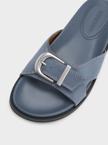Faux Suede Stitch-Trim Buckled Slides, Blue, hi-res