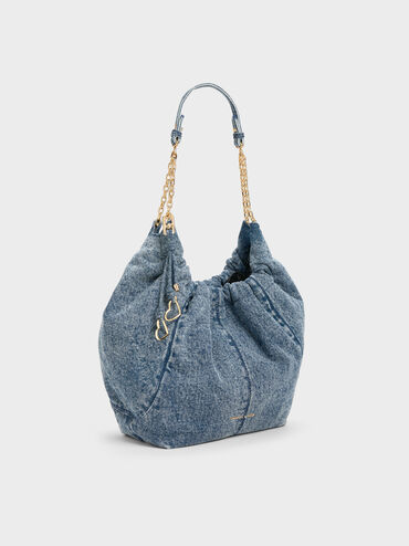 Ciara Denim Ruched Hobo Bag, Denim Blue, hi-res