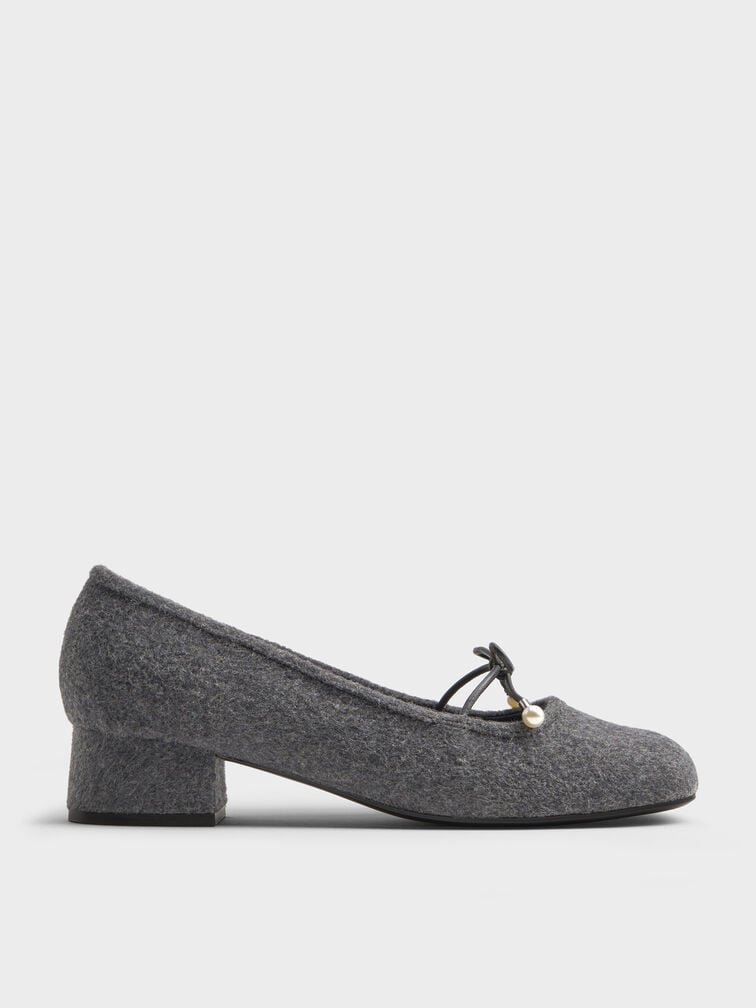 Barbara Felt Pearl-Embellished Bow Ballet Pumps, Grey, hi-res
