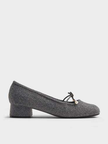 Barbara Felt Pearl-Embellished Bow Ballet Pumps, Grey, hi-res