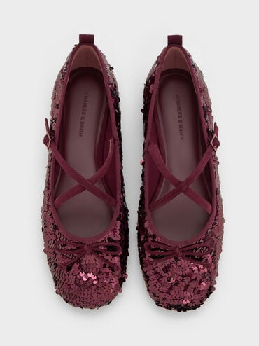 Sequinned Crossover Mary Jane Flats, Burgundy, hi-res