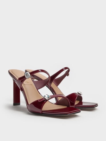 Patent Leather Gem-Buckle Double-Strap Heeled Sandals, Burgundy, hi-res