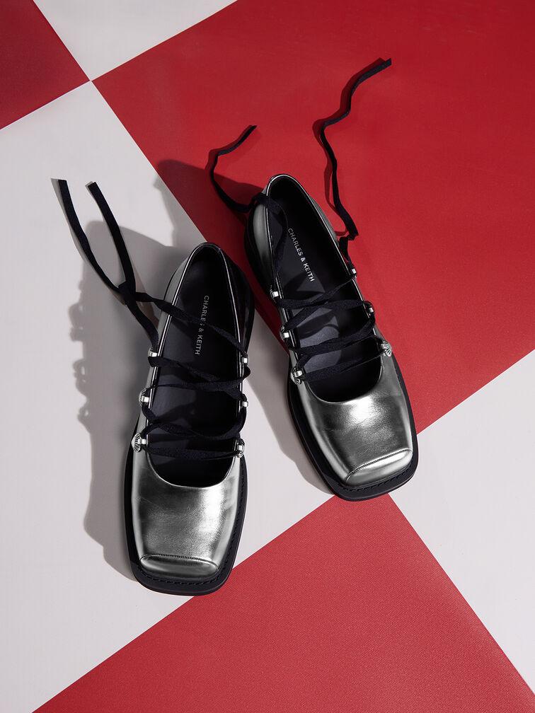 Metallic Heart-Embellished Lace-Up Ballet Flats, Pewter, hi-res