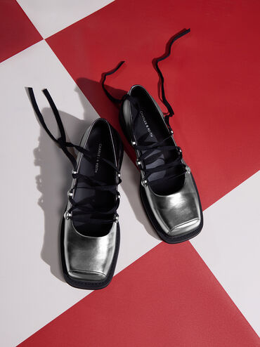 Metallic Heart-Embellished Lace-Up Ballet Flats, Pewter, hi-res