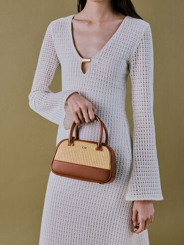 Leather & Raffia Bowling Bag, Neutral Raffia, hi-res