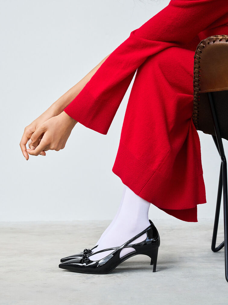 Patent Cut-Out Bow Kitten-Heel Pumps, Black Patent Patent Cut-Out Bow Kitten-Heel Pumps, Black Patent, hi-res