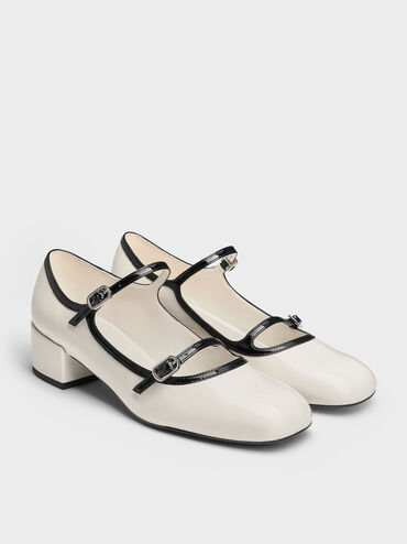 Patent Contrast-Trim Double-Strap Mary Jane Pumps, White, hi-res