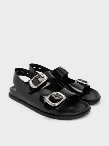Buckled Double-Strap Slingback Sandals, Black Box, hi-res