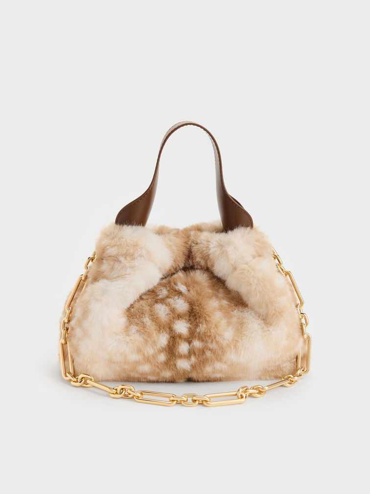 Ally Furry Deer-Print Top-Handle Bag, Animal Print Brown, hi-res
