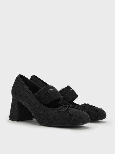 Winona Felt Bow Furry-Strap Mary Jane Pumps, Black Textured, hi-res