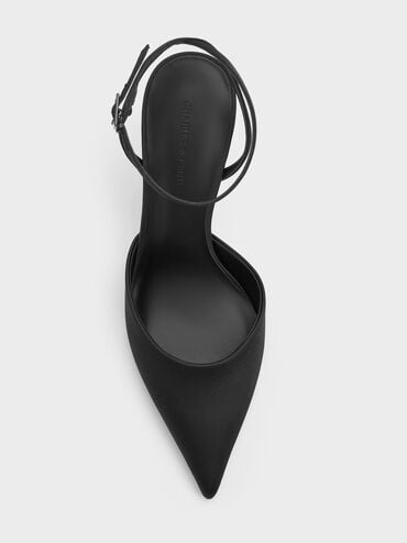Pointed Flower-Heel Ankle-Strap Pumps, Black Textured, hi-res