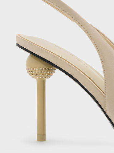 Satin Crystal-Embellished Ball-Heel Pointed-Toe Slingback Pumps, Gold, hi-res