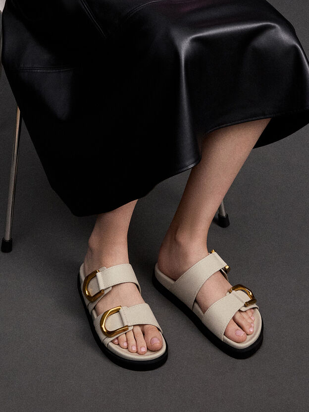 Gabine Gold-Buckle Leather Slides, Chalk, hi-res