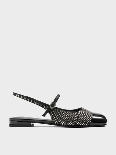 Pearl & Crystal-Embellished Cap-Toe Slingback Mary Jane Flats, Black Textured, hi-res