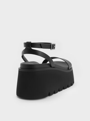 Ridged-Sole Ankle-Strap Flatform Sandals, Black, hi-res