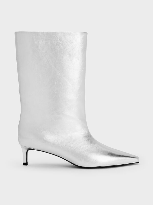 Metallic Tapered Kitten-Heel Calf Boots, Silver, hi-res