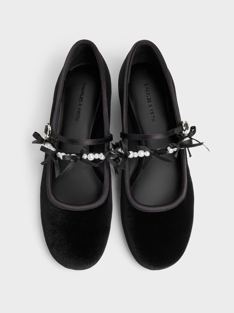 Noelie Velvet & Satin Pearl-Bow Mary Janes, Black Textured, hi-res