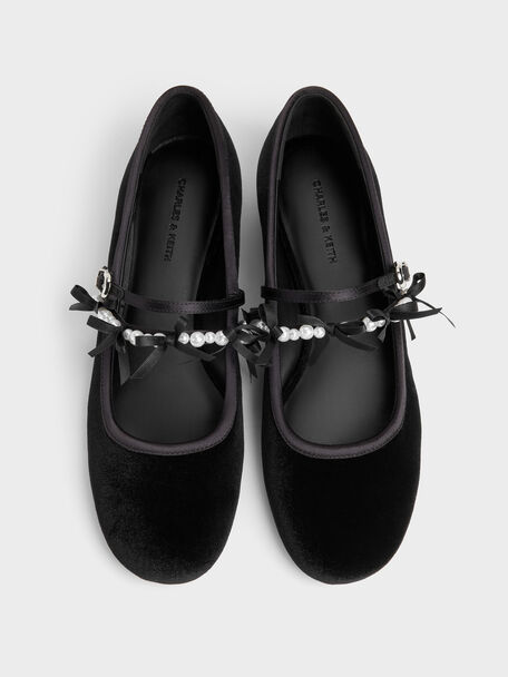 Noelie Velvet & Satin Pearl-Bow Mary Janes, Black Textured, hi-res