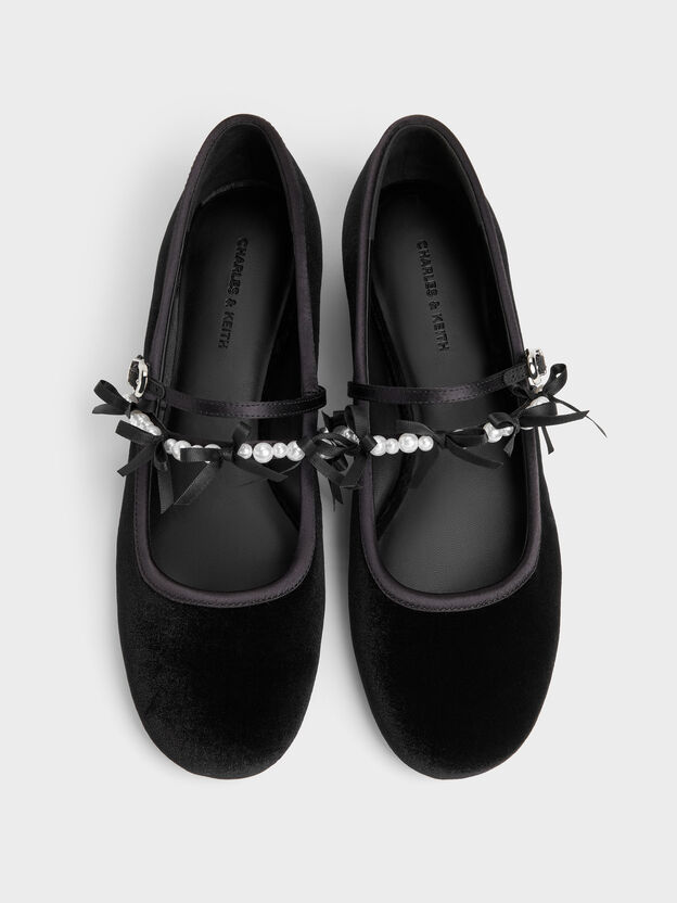 Noelie Velvet & Satin Pearl-Bow Mary Janes, Black Textured, hi-res
