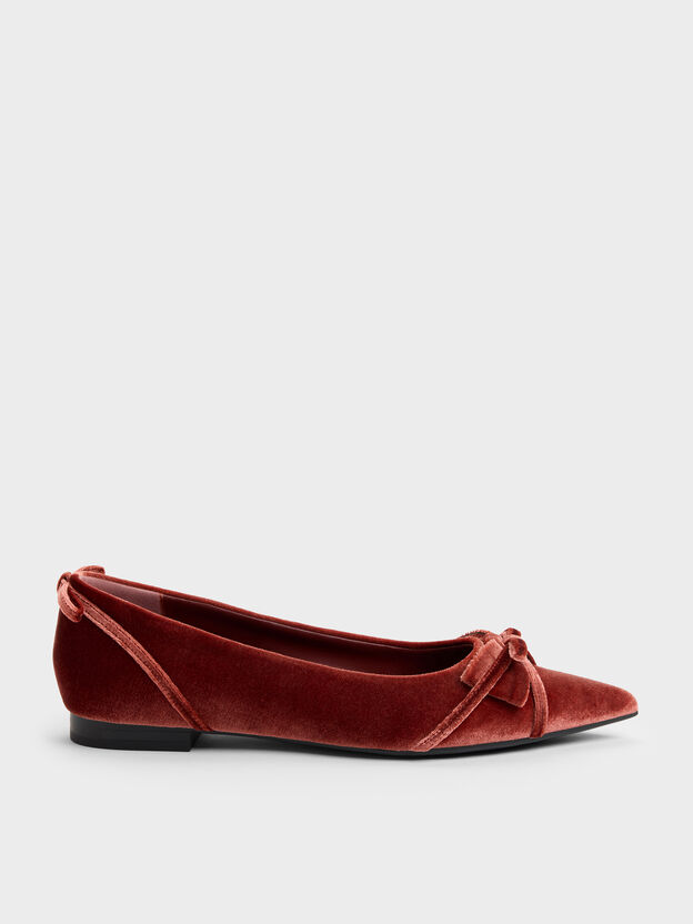Bettina Velvet Double-Bow Pointed Ballet Flats, Brick, hi-res