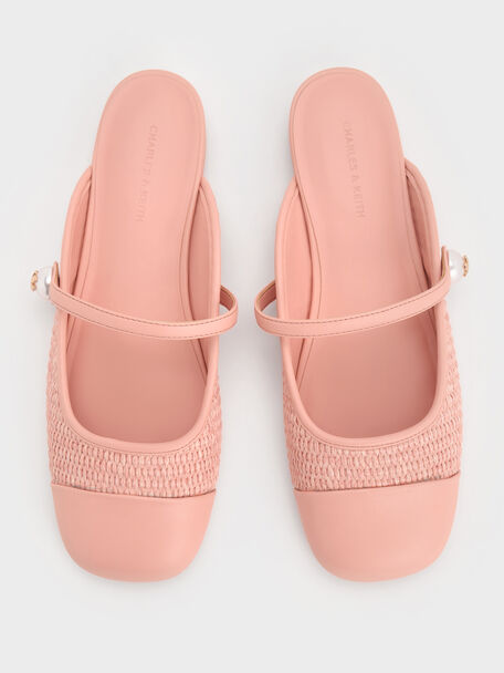 Aeryn Raffia Pearl-Embellished Slip-On Mary Janes, Peach, hi-res