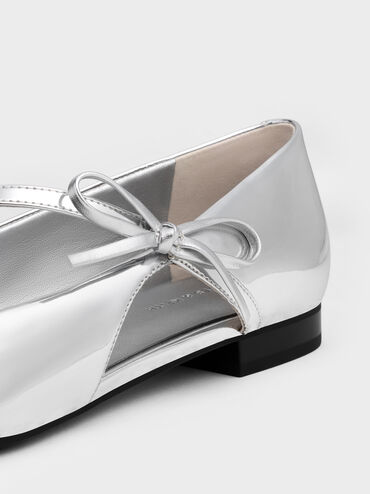 Metallic Pointed-Toe Bow-Strap Flats, Silver, hi-res