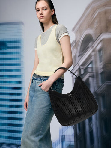 Juno Perforated Hobo Bag, Noir, hi-res