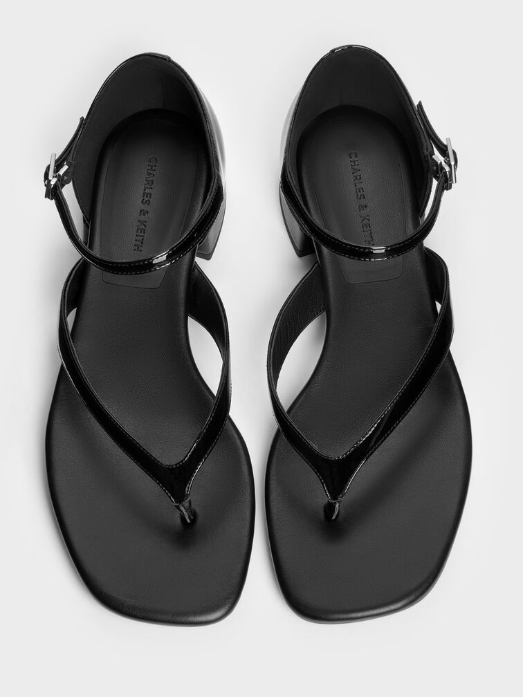 Patent Block-Heel Ankle-Strap Thong Sandals, Black, hi-res