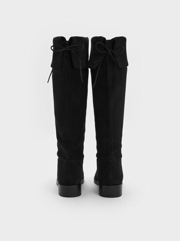 Faux Suede Fold-Over Back-Tie Thigh-High Boots, Black Textured, hi-res