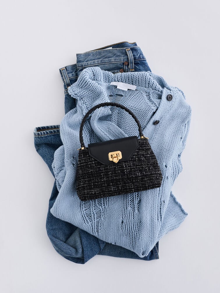 Arwen Tweed Quilted Braided-Strap Top Handle Bag, Black Tweed, hi-res