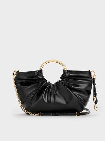 Ciara Ruched Metal Top Handle Bag, Black, hi-res