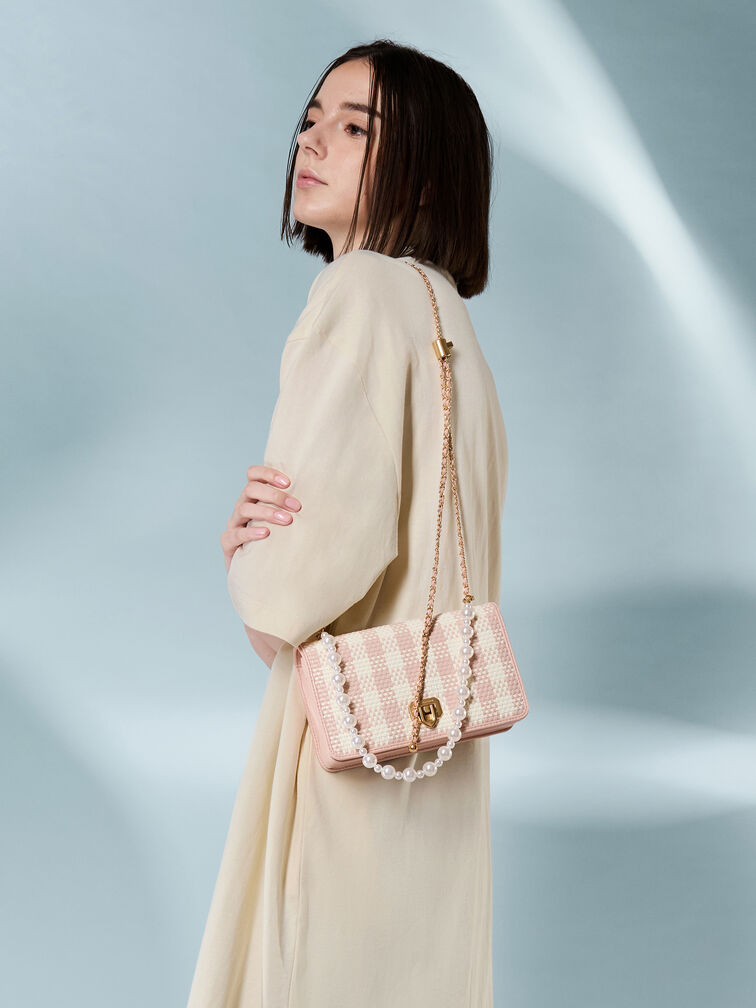 Alessia Checkered Pearl-Embellished Wallet on Chain, Light Pink, hi-res
