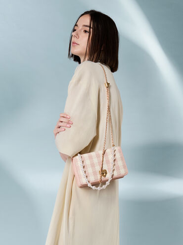 Alessia Checkered Pearl-Embellished Wallet on Chain, Light Pink, hi-res