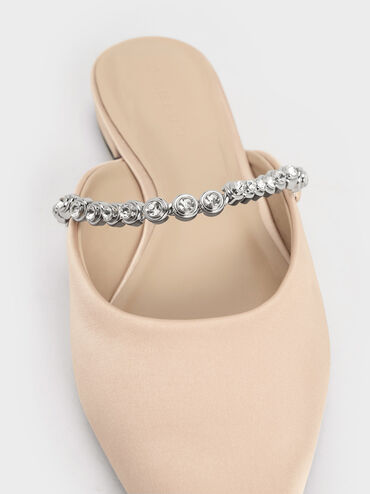 Flores Recycled Polyester Gem-Strap Metallic Flat Mules, Beige, hi-res