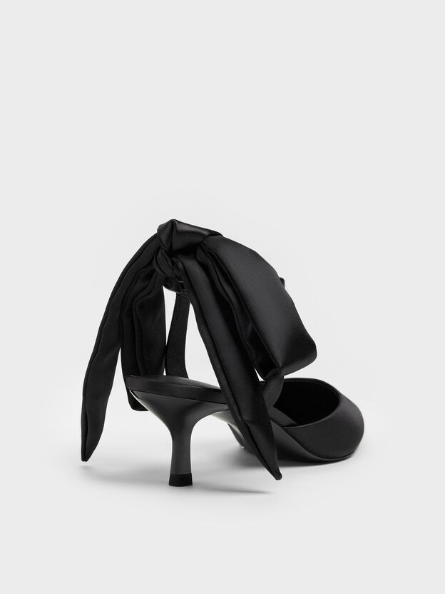 Satin Tie-Around Pointed Kitten Heels, Black Textured, hi-res