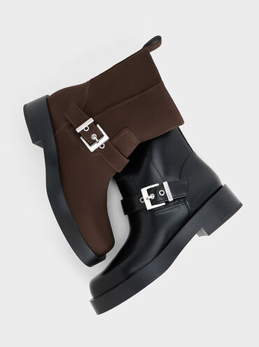 Buckle-Strap Biker Boots, Black, hi-res