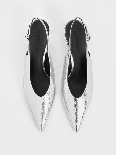 Metallic Crinkle-Effect Pointed-Toe High-Vamp Slingback Pumps, Silver, hi-res
