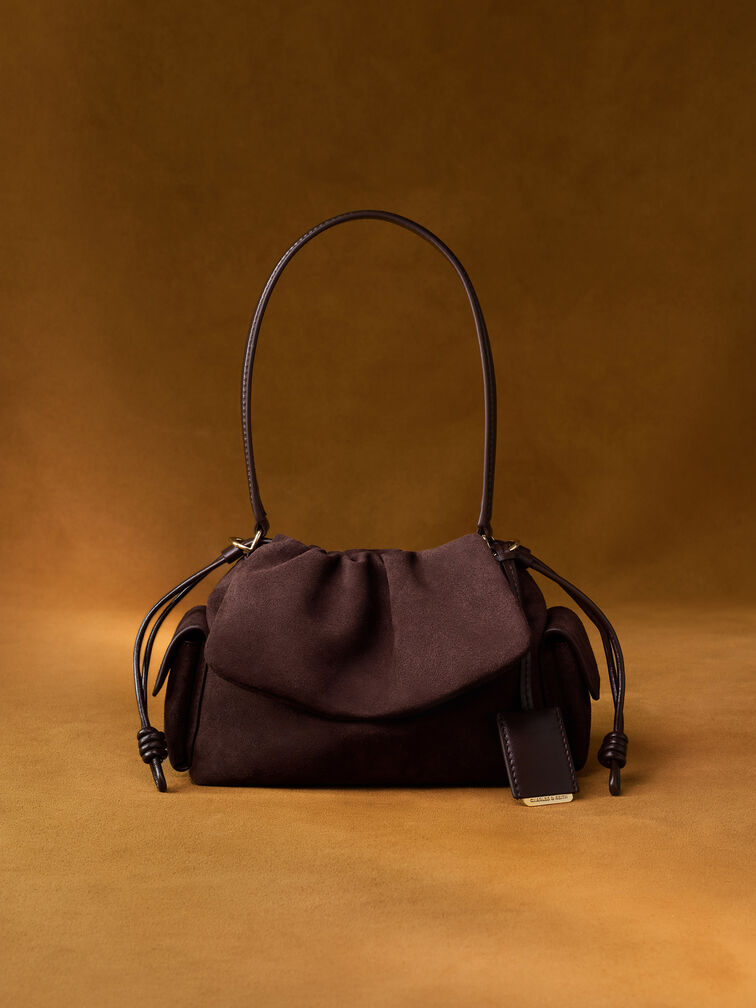 Khai Recycled Suede Ruched-Flap Side-Pocket Top Handle Bag, Espresso Brown, hi-res
