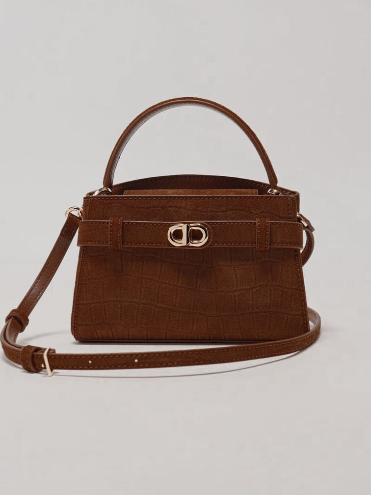 Aubrielle Croc-Effect Belted Top Handle Bag, Chocolate, hi-res