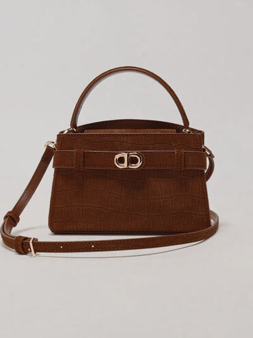 Aubrielle Croc-Effect Belted Top Handle Bag, Chocolate, hi-res