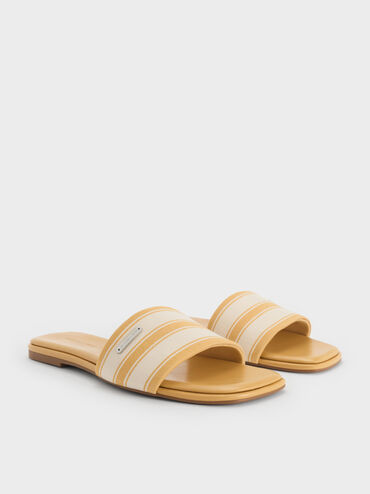 Striped Square-Toe Slide Sandals, Yellow, hi-res