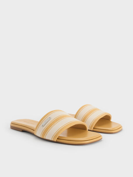 Striped Square-Toe Slide Sandals, Yellow, hi-res