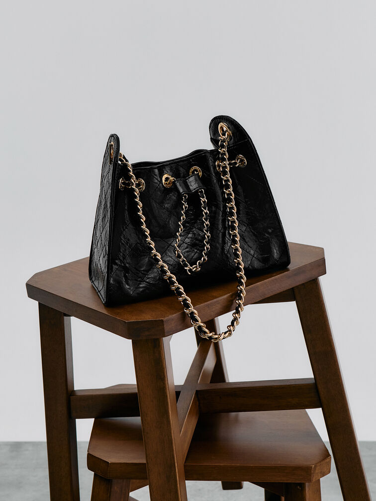 Duo Quilted Drawstring Bucket Bag, Black, hi-res