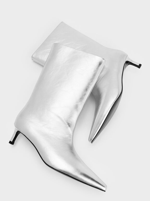 Metallic Tapered Kitten-Heel Calf Boots, Silver, hi-res