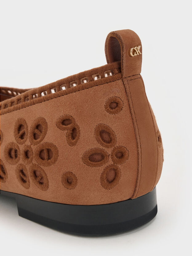 Leather Embroidered Ballet Flats, Cognac, hi-res