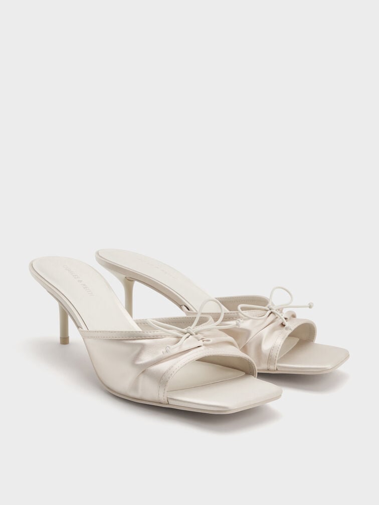 Sadira Satin Ruched Bow Heeled Mules, Chalk, hi-res