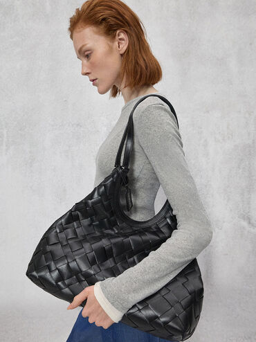 Ivette Woven Tote Bag, Noir, hi-res