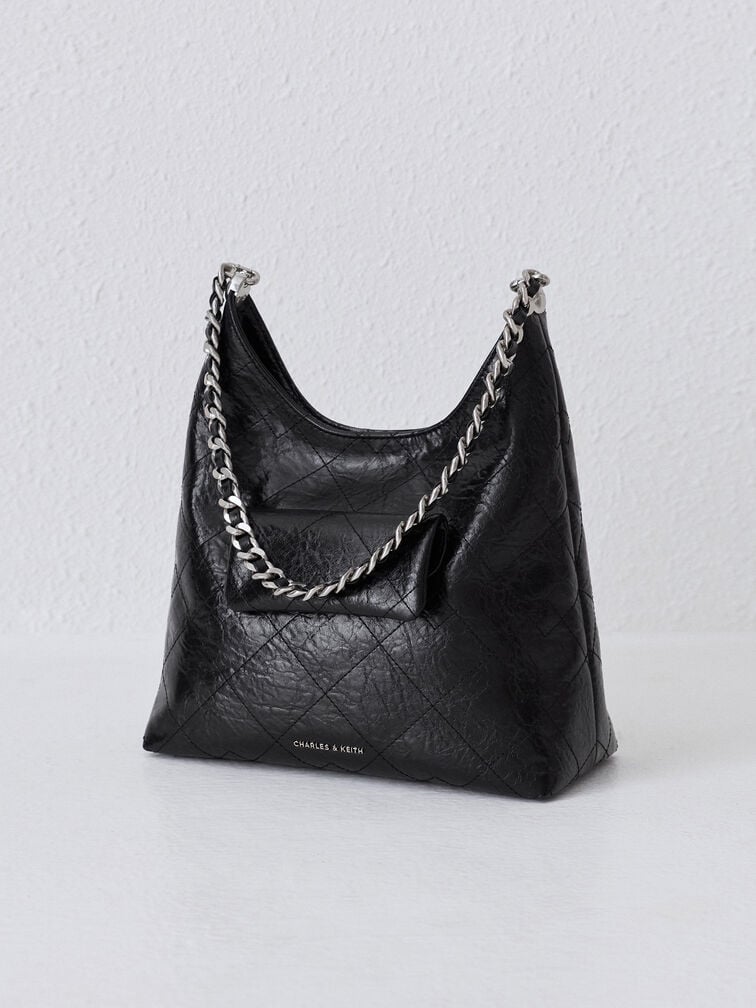 Duo Quilted Front-Pocket Chain Hobo Bag, Noir, hi-res