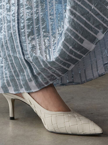 Ivette Woven Pointed-Toe Slingback Pumps, Chalk, hi-res