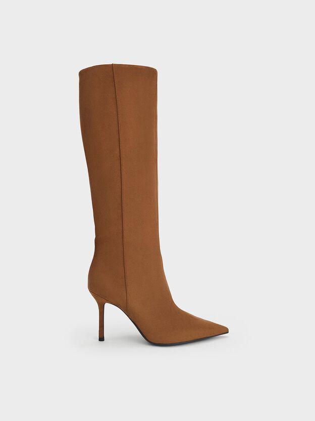 Faux Suede Pointed Stiletto Knee-High Boots, Cognac, hi-res
